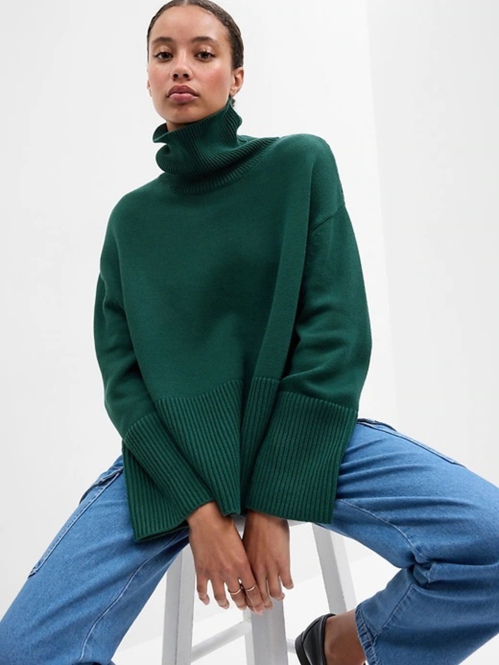 New Gap 24/7 Split-Hem Turtleneck Sweater in June Bug Green Large